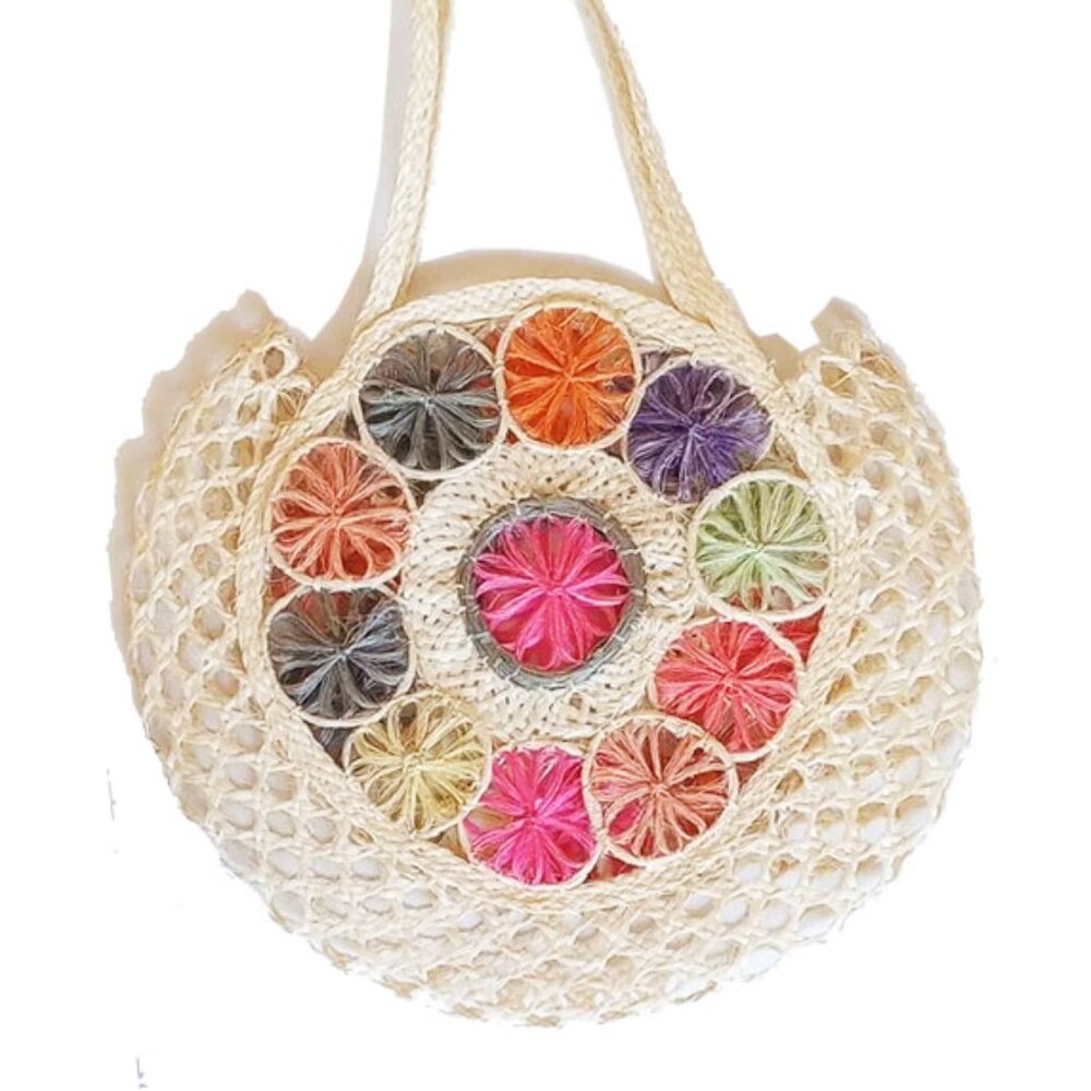 NWOT Raffia Crochet Floral Medallion Round Tote Shoulder Bag - 50off3
